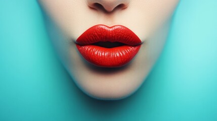 An elegant depiction of vividly red lips highlighted against a bright turquoise backdrop, showcasing the contrast between the lip color and background, emphasizing modern aesthetics.
