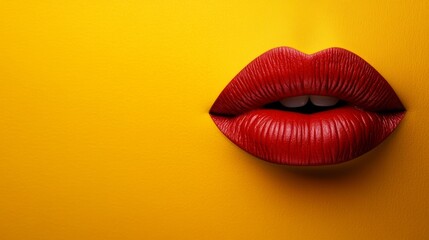 This image features glossy red lips on a vivid yellow background, creating a sensational visual impact with stark color contrast, highlighting the beauty and allure of the lips.