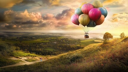 Fototapeta premium Balloons soaring over a picturesque countryside at sunset with a solitary figure admiring the view