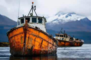 Fototapeta premium This image captures a couple of rusty old boats anchored in calm water with snow-capped mountains in the background, portraying a scene of stillness and decay amidst nature's beauty.