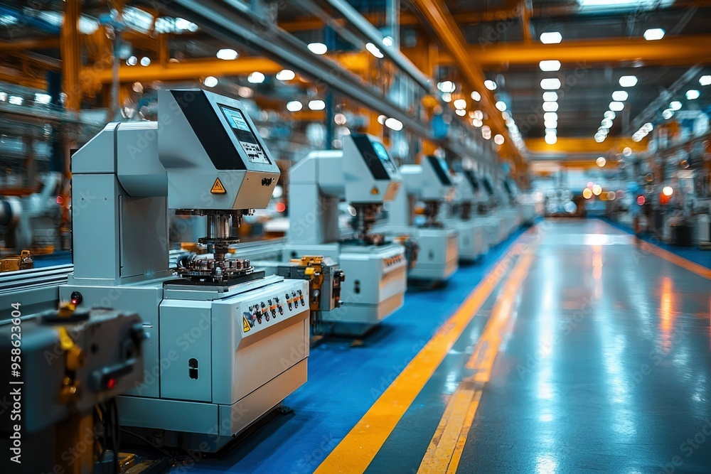 Poster row of automated industrial machines in a factory