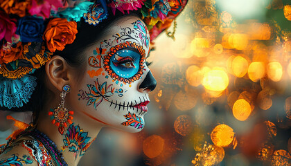 Fototapeta premium Celebration of cultures, women in elegant Halloween costume generated by AI