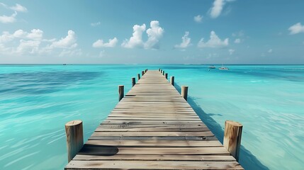 Fototapeta premium Beautiful turquoise water and a wooden pier in the Caribbean, Caribbean colors, clear sky, beautiful photography, bright colors, high resolution, high definition, sharp focus, high detail
