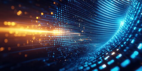 Obraz premium Vibrant digital wave with glowing blue and orange pixels creating a futuristic aesthetic. Perfect for tech and innovation themes.