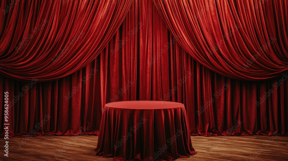Aufkleber a rich red velvet backdrop with soft drapery surrounding a round table, ready for an elegant present