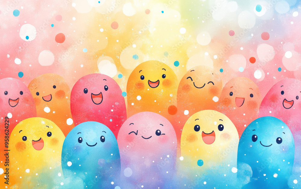 Poster colorful cute smiling animated jelly-like characters with faces and emotions, surrounded by a festiv