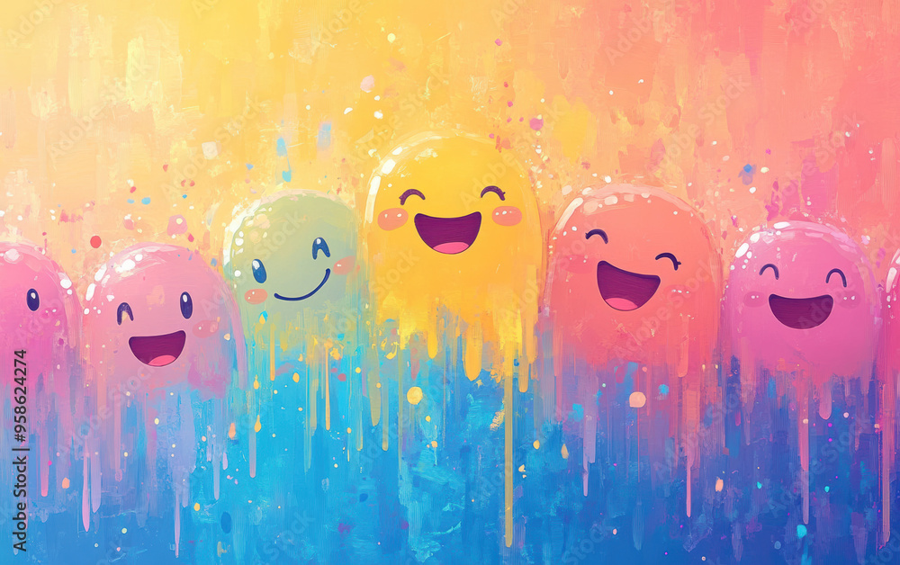 Poster colorful abstract painting featuring smiling, joyful blobs with vibrant backgrounds, evoking a playf