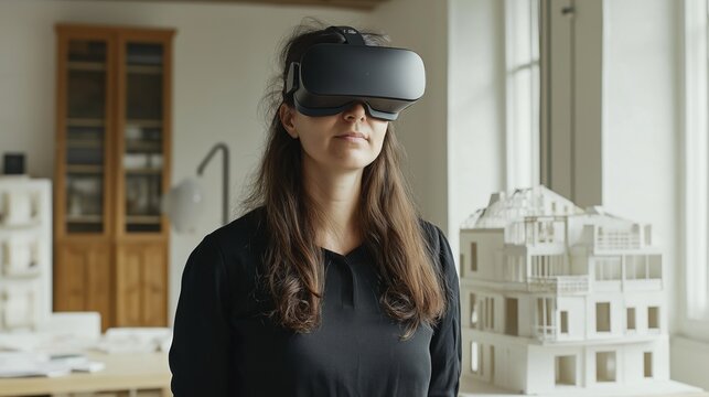 Portrait of a female virtual reality architect in a dynamic workspace