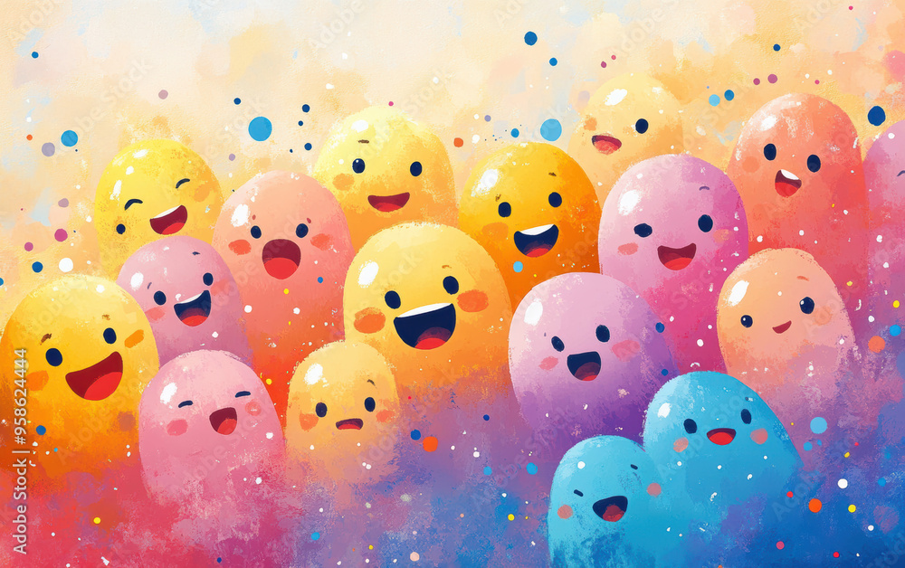 Poster colorful illustration of cute smiling blobs with happy faces, creating a cheerful and whimsical atmo