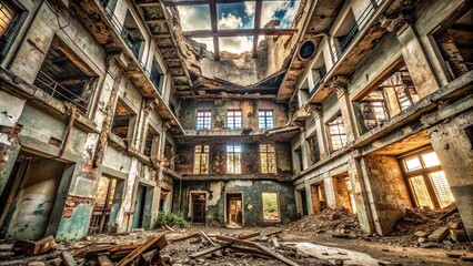 Scary abandoned building destroyed inside Worm s Eye View, eerie, wreckage, collapse, inside, rundown, ruin, decaying, creepy, decay, spooky, building, gloomy, forsaken, rubble, urban