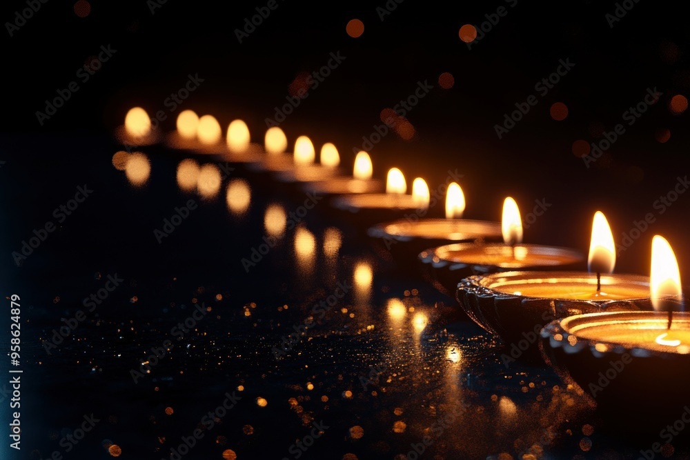 Poster row of lit candles with warm glow and bokeh