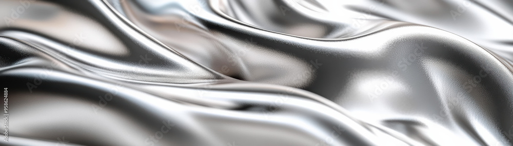 Poster close-up of smooth, flowing metallic silver fabric creating elegant, reflective waves and textures, 