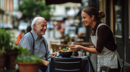 Elderly man enjoys a sunny afternoon meal at an outdoor café with a smiling waitress in a charming city setting