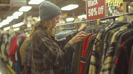 Fototapeta premium Young Woman Shopping for Clothes on Black Friday Sale at a Retail Store