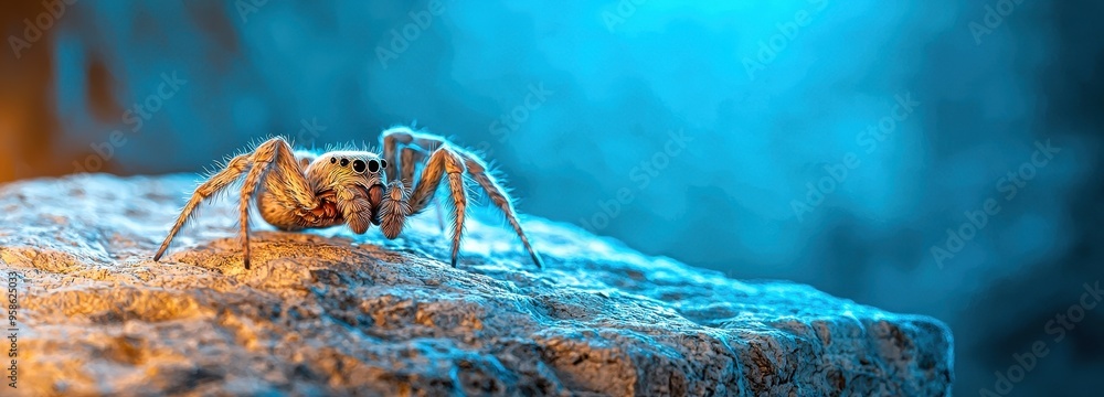 Poster a close-up of a spider on a textured surface, showcasing intricate details and a striking blue backg
