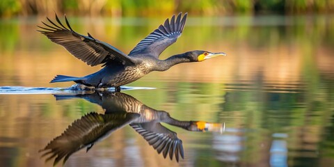wildlife, water bird, coast, reflections, aquatic bird, A double crested cormorant glides gracefully just above the water s surface casting a beautiful reflection