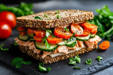 Frisches Sandwich, w&Atilde;&frac14;rziger Thunfisch, knackige rote Zwiebeln vereint Meeresaromen und Frische