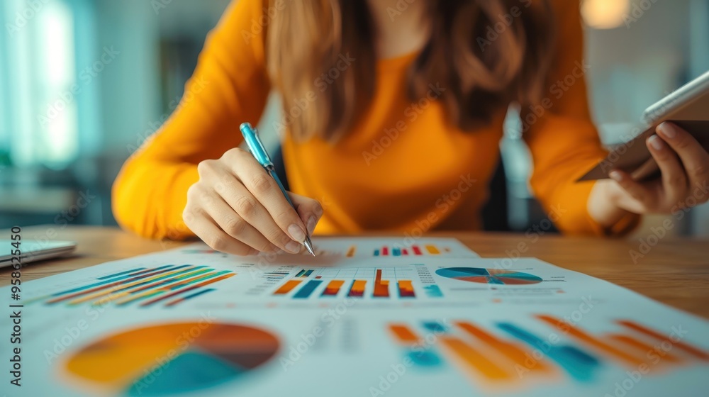 Poster a person analyzing data charts and graphs, capturing insights with a pen and smartphone, in a bright