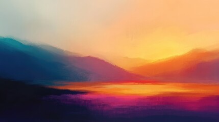 Abstract Sunset Painting with Mountains and a Lake