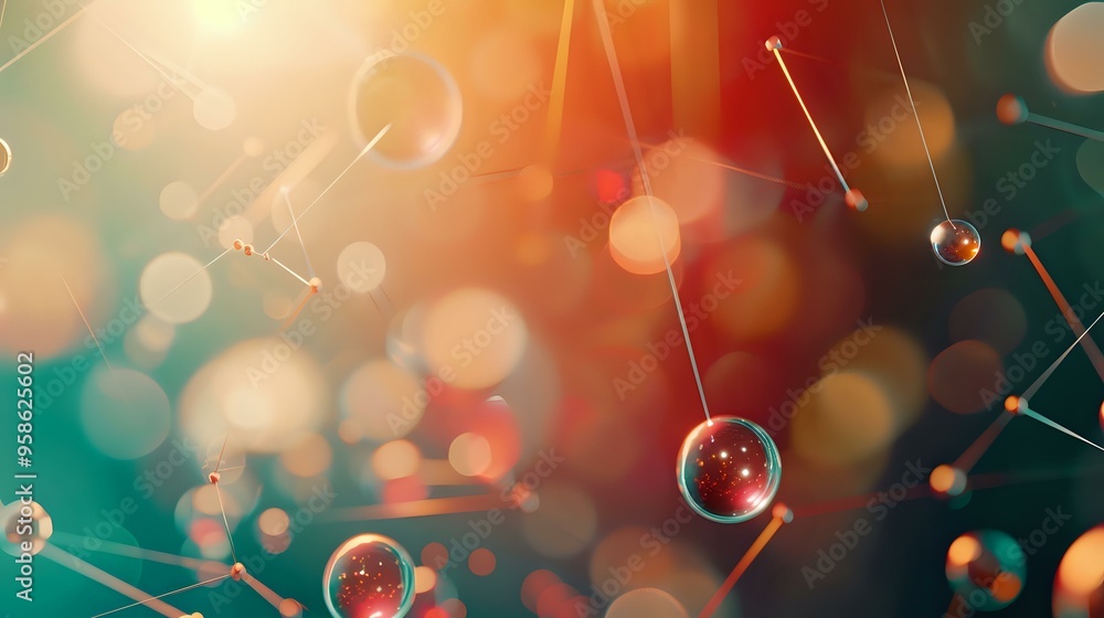 Poster abstract molecular structure with colorful glowing spheres and connecting lines, creating a dynamic 