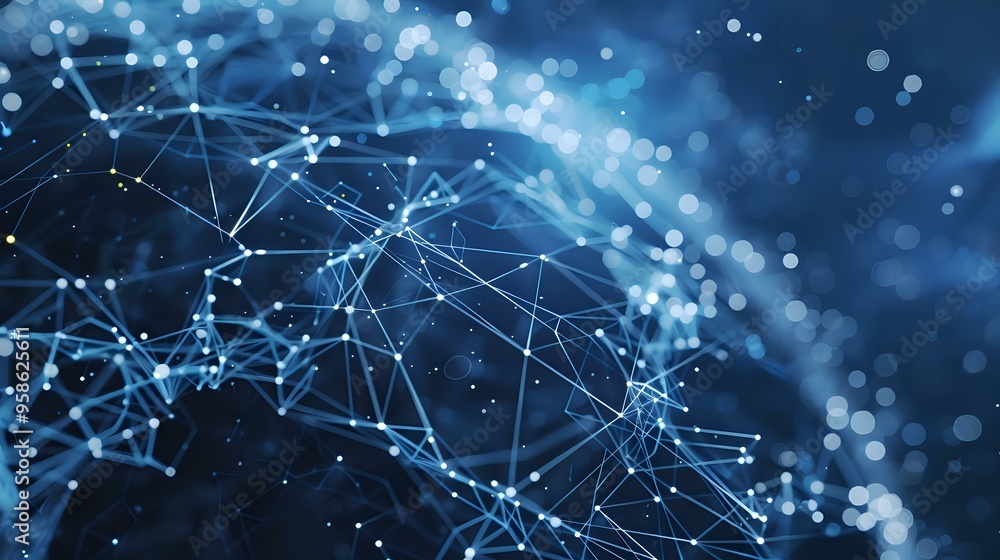 Poster abstract digital network with glowing blue nodes and connecting lines, representing global connectiv