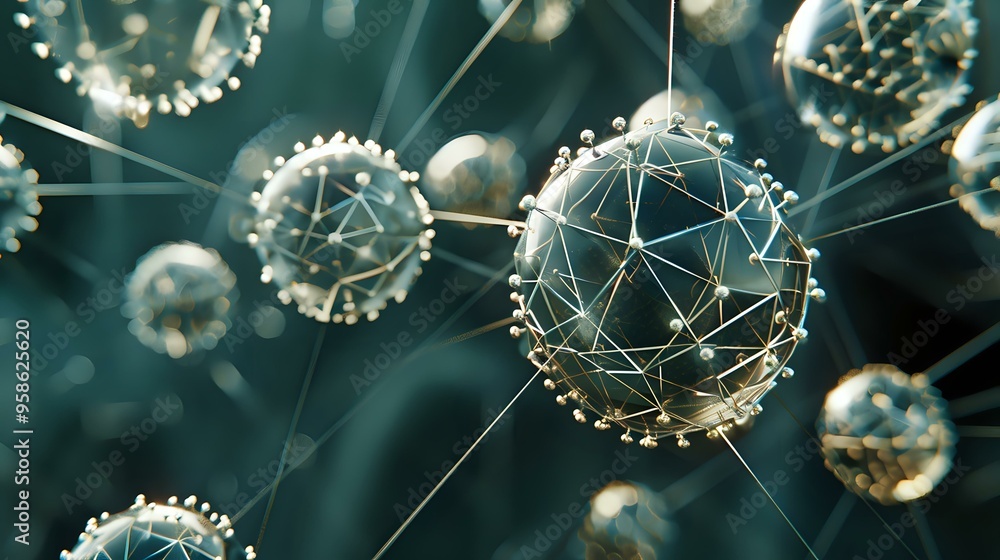 Poster futuristic rendering of interconnected spheres with glowing nodes, representing a network or molecul