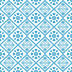 Seamless blue and white pixel art pattern arranged in a repeating geometric pattern. This vector illustration is perfect for use in winter themed projects, textiles, digital artwork, and home decor