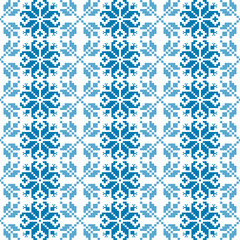 Seamless blue and white pixel art pattern arranged in a repeating geometric pattern. This vector illustration is perfect for use in winter themed projects, textiles, digital artwork, and home decor
