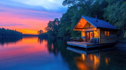 Fototapeta premium Tranquil Lake Cabin Sunset