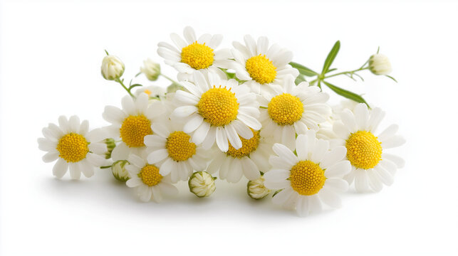  A bouquet of daisies called feverfew flowers against white background.