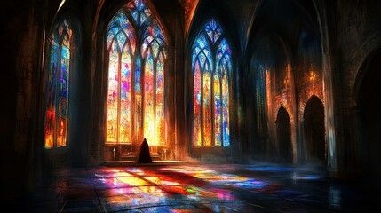Fototapeta premium Majestic stained glass windows illuminate an ancient cathedral with vibrant colors during a serene moment of reflection