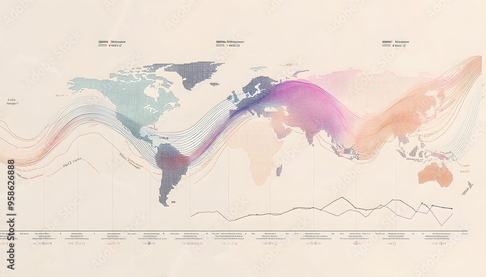 Poster world map with interconnected curved lines representing data