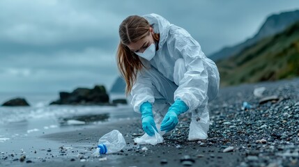 Scientist collecting microplastics from a remote beach, emphasizing the need for global environmental research
