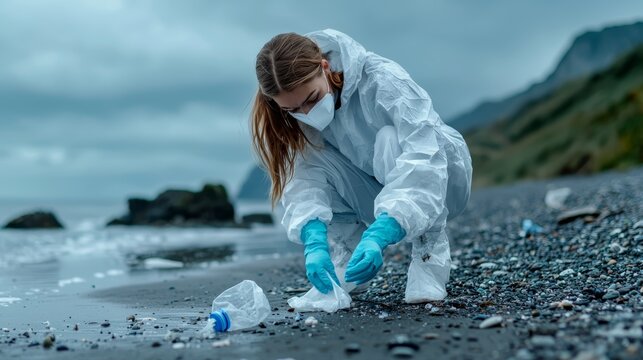 Scientist collecting microplastics from a remote beach, emphasizing the need for global environmental research
