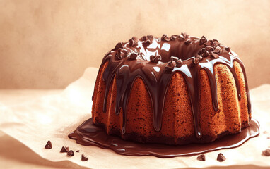 Delicious homemade bundt cake with rich chocolate glaze and chocolate chips on parchment paper, perfect for dessert lovers and baking enthusiasts.