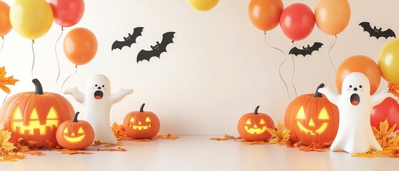 Festive Halloween scene with pumpkins, playful ghosts, and colorful balloons, perfect for seasonal celebrations and decorations.