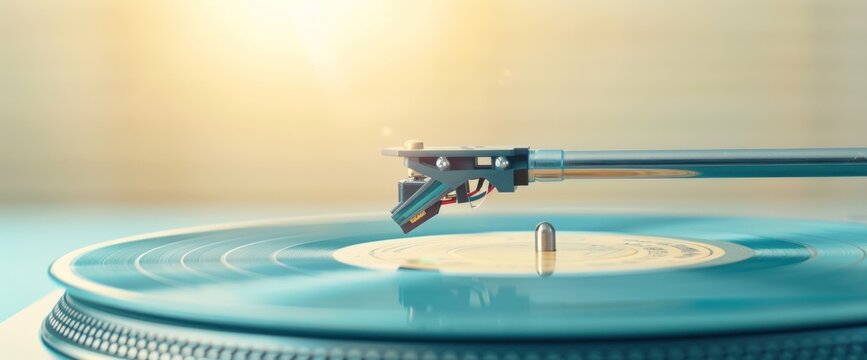 A record player with a stylus on a blue record