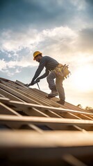 Roofer Working at Sunset