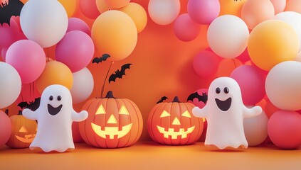 Obraz premium Playful Halloween scene featuring cute ghosts, glowing pumpkins, and colorful balloons, perfect for festive celebrations.