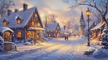 Charming snow-covered village in winter with festive lights and a serene atmosphere at dusk