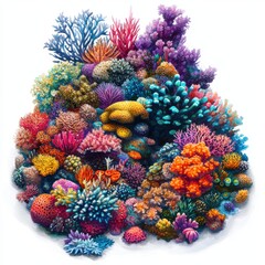 Underwater Paradise - Vibrant Coral Reef Ecosystem Digital Painting on White Background