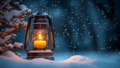 Snow covered tree glowing with lantern light in winter night generated by AI