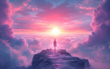 A person stands on a rocky path above the clouds, gazing at a vibrant pink and purple sunset, creating a dreamlike and serene atmosphere.
