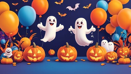 Fototapeta premium Celebrate Halloween with cheerful ghosts, vibrant balloons, and playful pumpkins, perfect for festive decorations and fun events.