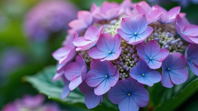 pink blue hydrangea flowers close up green leaves background soft focus garden plant nature bloom spring summer floral botany video footage