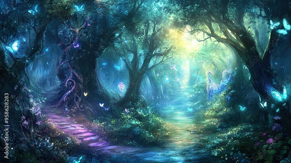 Aufkleber enchanted forest path illuminated by soft light and surrounded by vibrant butterflies at twilight