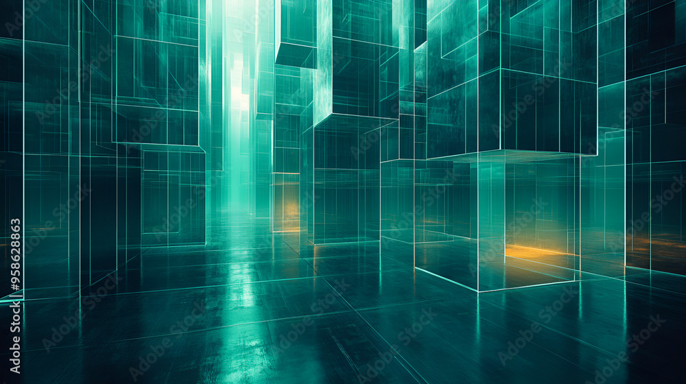 Poster abstract digital landscape featuring tall translucent structures and illuminated reflections in a fu
