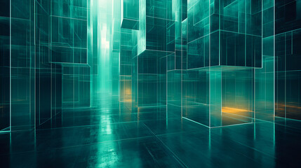Abstract digital landscape featuring tall translucent structures and illuminated reflections in a futuristic environment