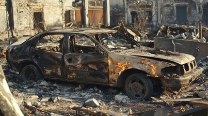 Fototapeta premium Burned-out Car in Ruined Landscape