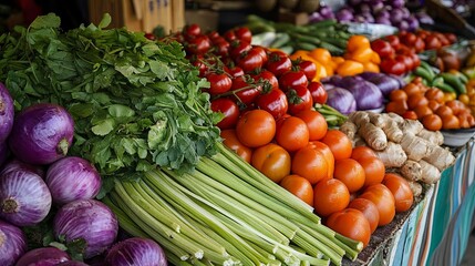 A colorful selection of fresh produce displayed at a local farmers market, including tomatoes, onions, celery, peppers, and ginger.
